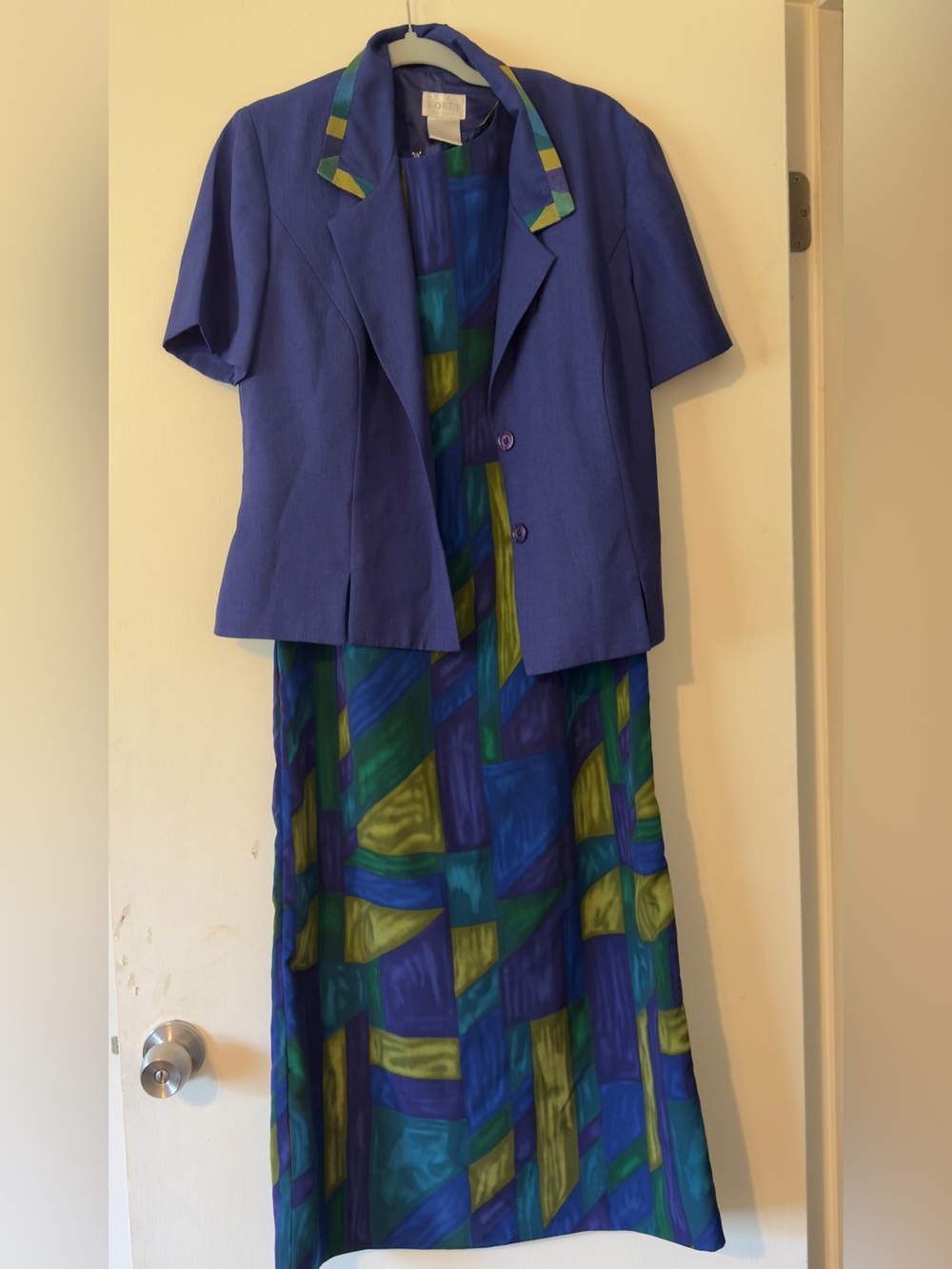 Vtg Koret Royal Blue Short-Sleeve Blazer with Multicolor Geo Dress